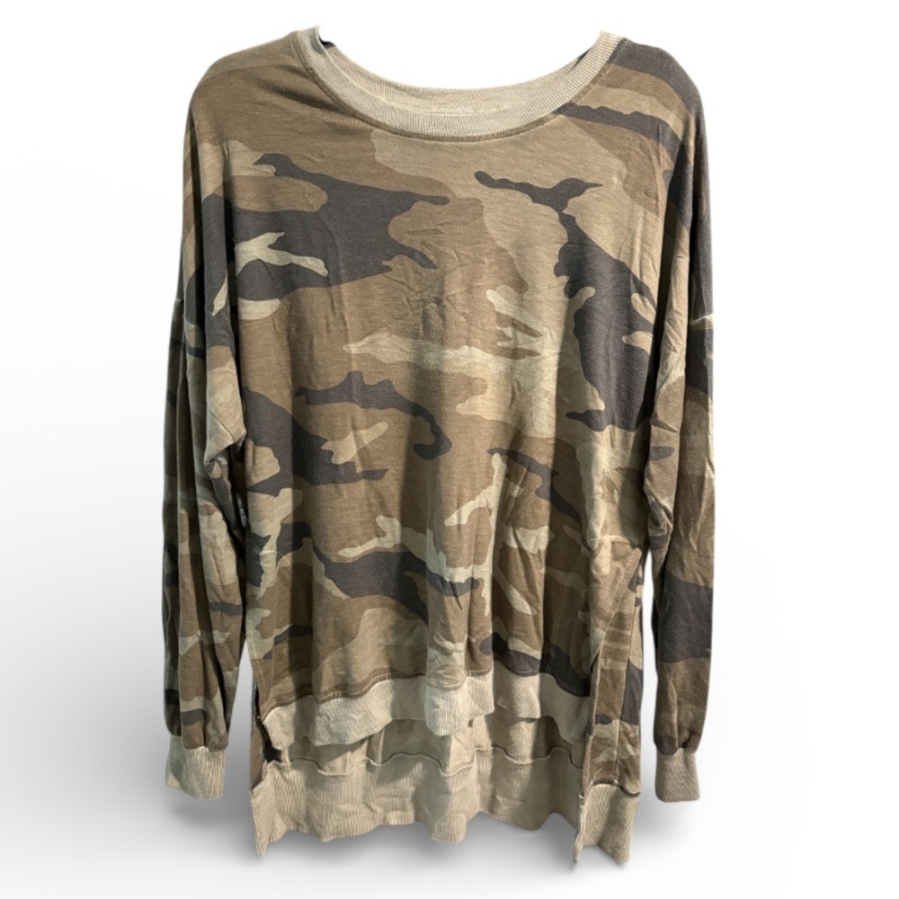 Dantelle Camo High-Low Loop Terry Top Large Green Brown Long Sleeve Slits